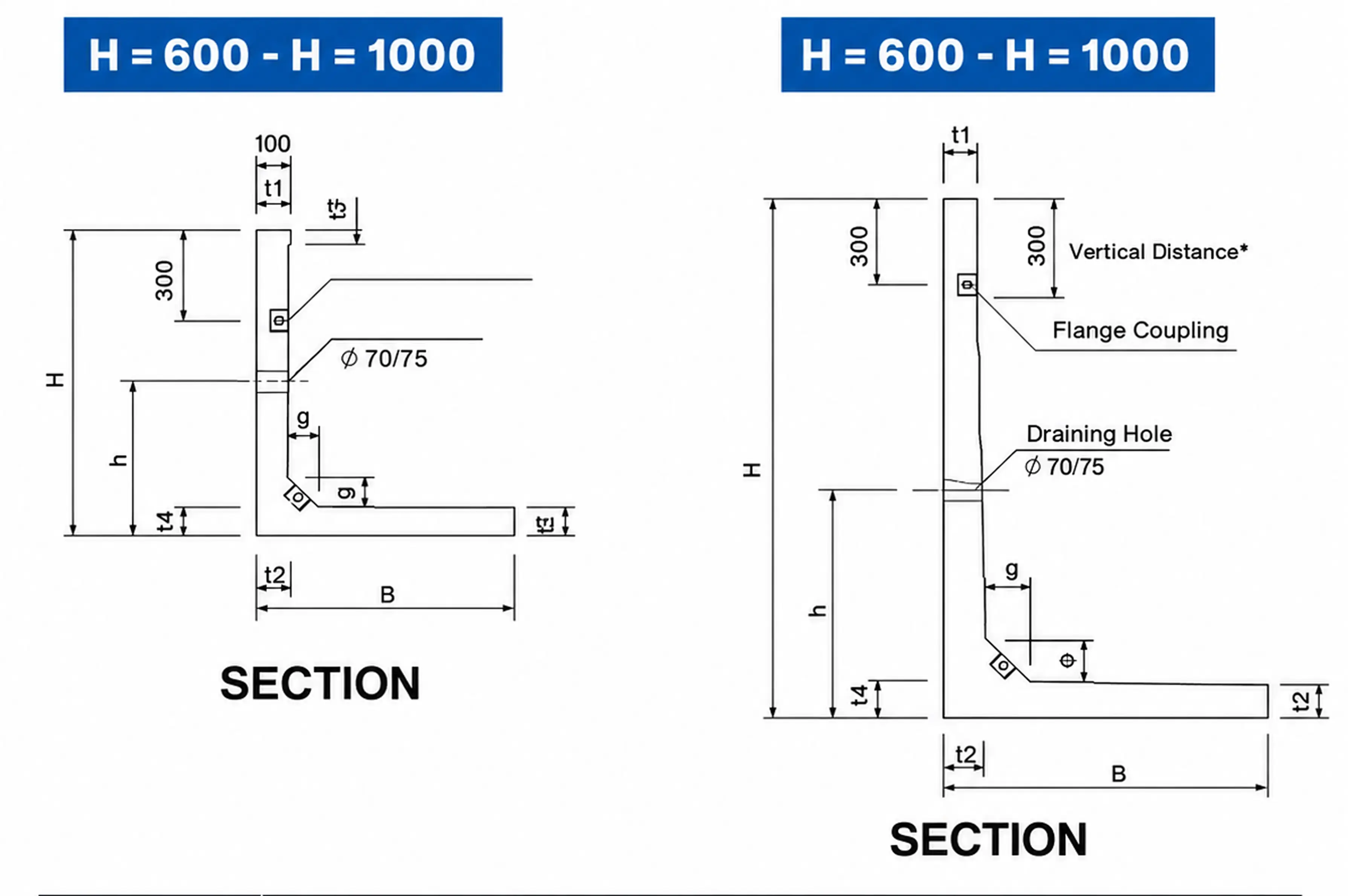 Earth Retaining Wall — Section Sections H = 600 to 1000 — t1–t4, g, h, draining hole ø70/75, flange coupling