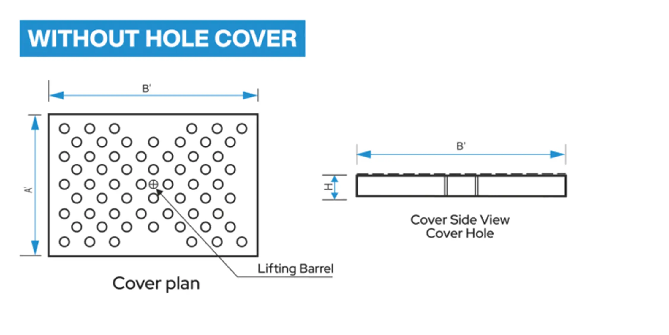 T25 U-Shape Drain (Heavy) — Without-hole cover Cover plan with lifting barrel · cover side view, thickness H